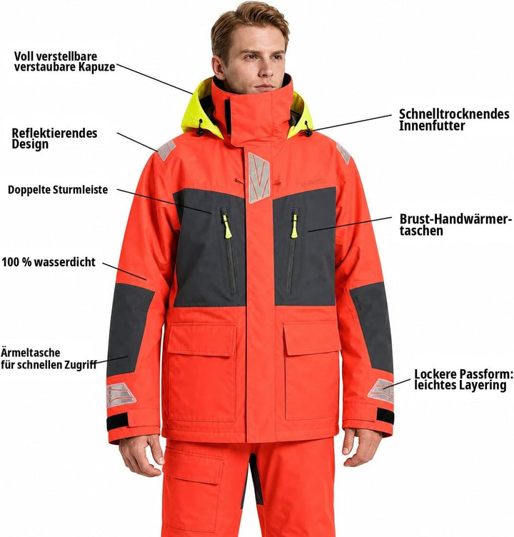 Herren Offshore Segelanzug 3-Lagen Wasserdicht Atmungsaktiv - Profi Segeljacke mit Neon-Kapuze & Ref