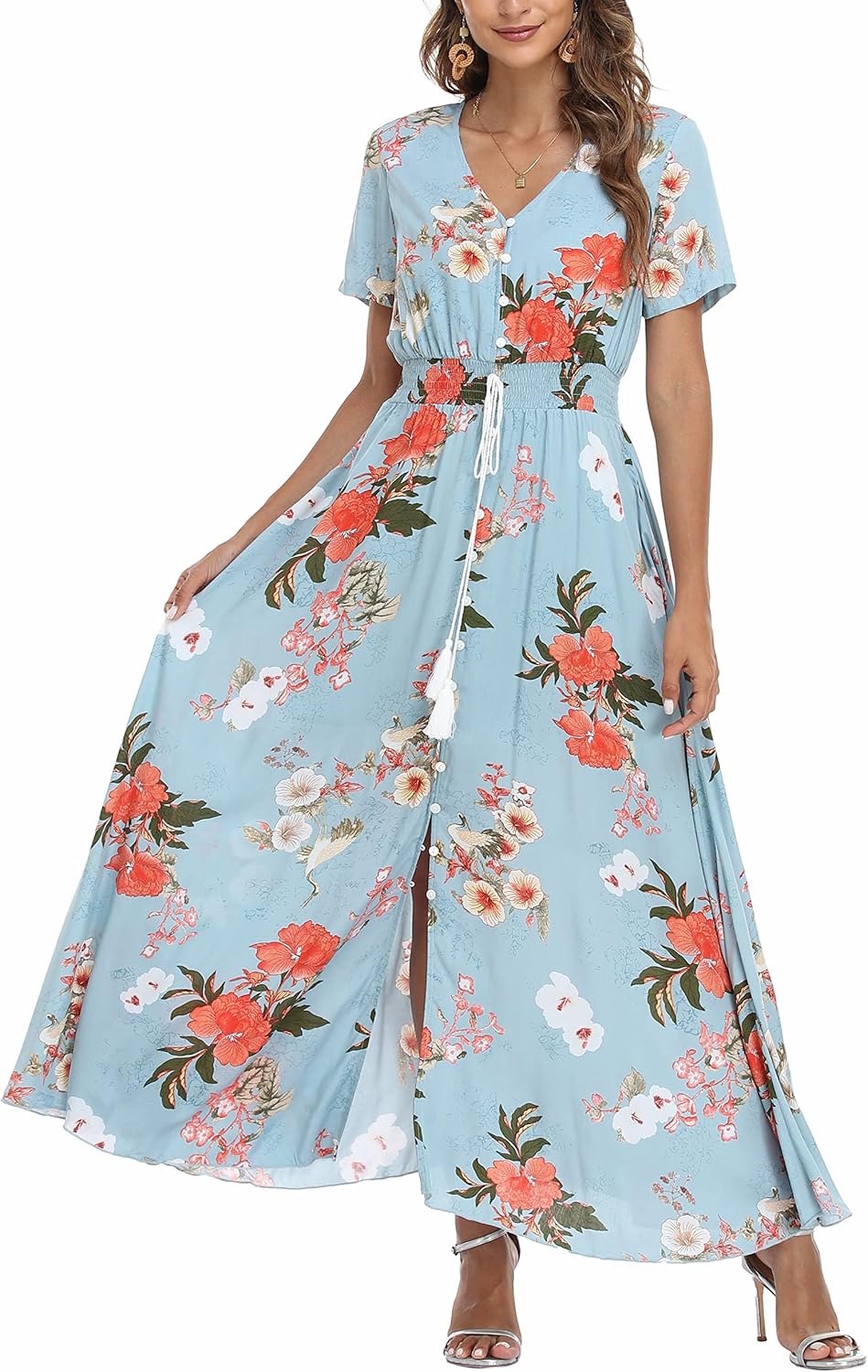VOGMATE Damen Lange Split Knopf Up Sommer Maxikleid Floral Strandwear Holidy Kleid Hohe Taille mit k