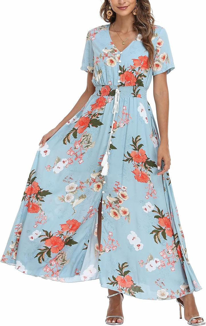 VOGMATE Damen Lange Split Knopf Up Sommer Maxikleid Floral Strandwear Holidy Kleid Hohe Taille mit k
