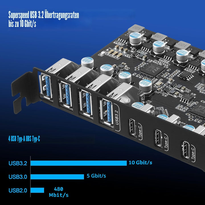 USB 3.2 Karte 7 Ports(4A + 3C), FARBOKO PCIe USB 3.2 Gen 2 10Gbps Interner USB HUB for Windows 10/8/