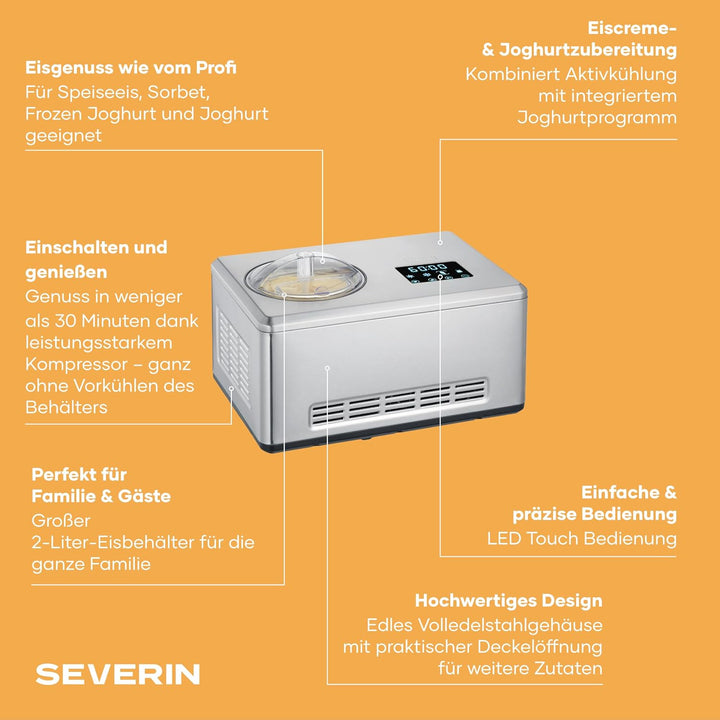 Severin 2-in-1 Eismaschine mit Joghurtfunktion, Inkl. Eisbehälter (2L) und Rezeptbuch, Digitaler Tim