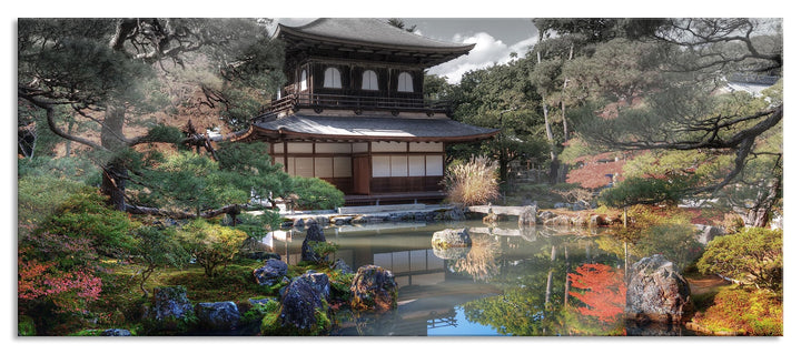 Glasbild Panorama | Wandbild aus Echtglas | Ginkaku-ji-Tempel in Kyoto | 100x40 cm | inkl. Aufhängun