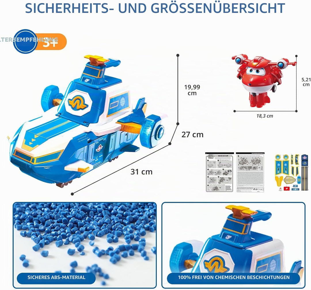 Super Wings Spielset Airport World Aircraft + 2 Spielflugzeug- und Transform-a-Bots-Figuren aus Staf