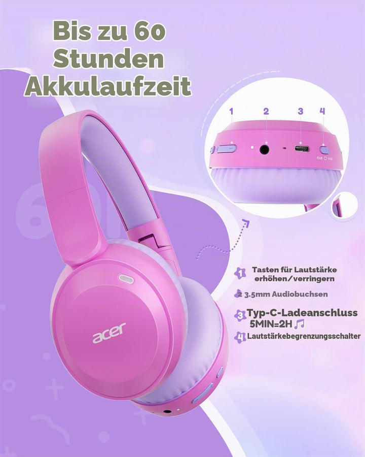 Acer Bluetooth Kopfhörer Kinder, 85/94 dB Lautstärkebegrenzer Rosa 3,5 mm Klinke, Rosa 3,5 mm Klinke