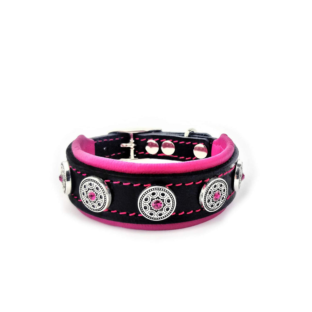 Bestia Bijou Hundehalsband aus echtem Leder M - passt auf einen Hals von 30 bis 35 cm Schwarz &amp; Pink