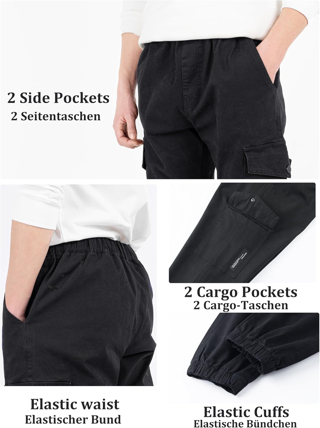 CAMLAKEE Kinder Jungen Cargohose Jogger Hose mit elastischem Bund 128-134 Schwarz, 128-134 Schwarz