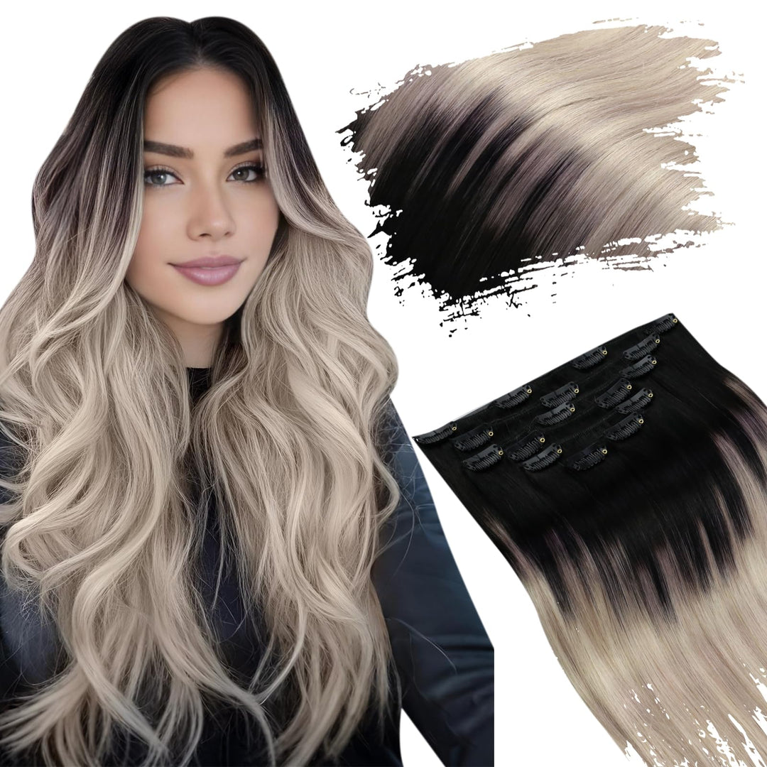 Ugeat Clip in Extensions Schwarz Blond Haarextension Echthaar Clips 55cm Schwarz bis Aschblond mit P