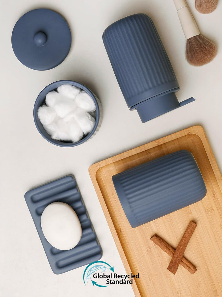 Badezimmer Set Blau, 4-teilig Keramik Bad Zubehör - 350 ml Seifenspender, Zahnputzbecher, Seifenscha