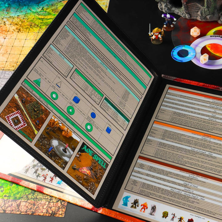 DND 5e DM Screen Deluxe-8 Kunstleder-Panels 2 schwenkbaren Nasslösch-Taschen&3D Relief Drachen Krieg