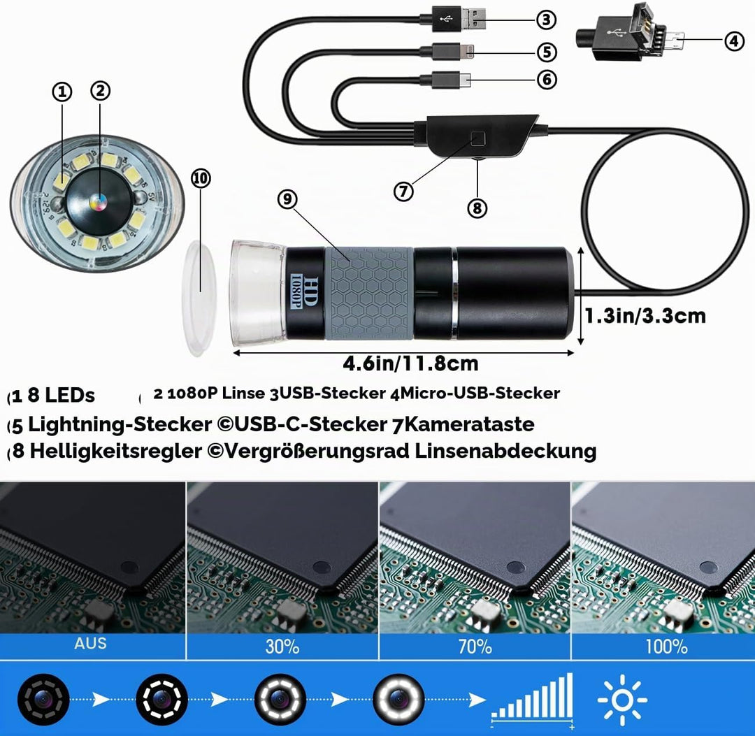 Jiusion 1080P USB Digitales Handheld Mikroskop, 50 bis 1000X Vergrösserung Endoskop Full HD 1920x108
