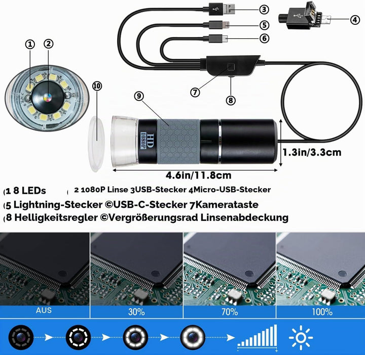 Jiusion 1080P USB Digitales Handheld Mikroskop, 50 bis 1000X Vergrösserung Endoskop Full HD 1920x108