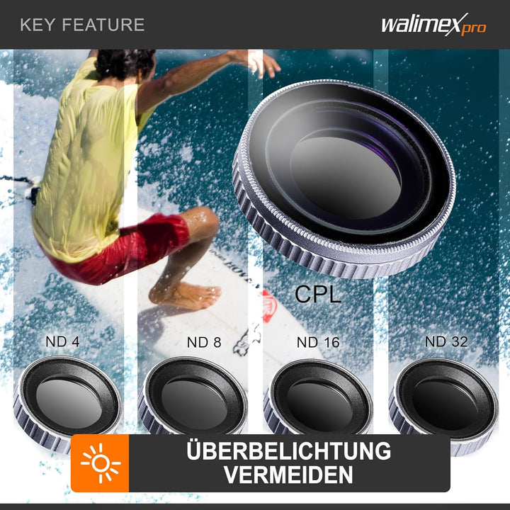 Walimex pro Filter Set für DJI OSMO Action CPL/ND MC - Kit aus ND4 ND8 ND16 ND32 und Polfilter 16x m