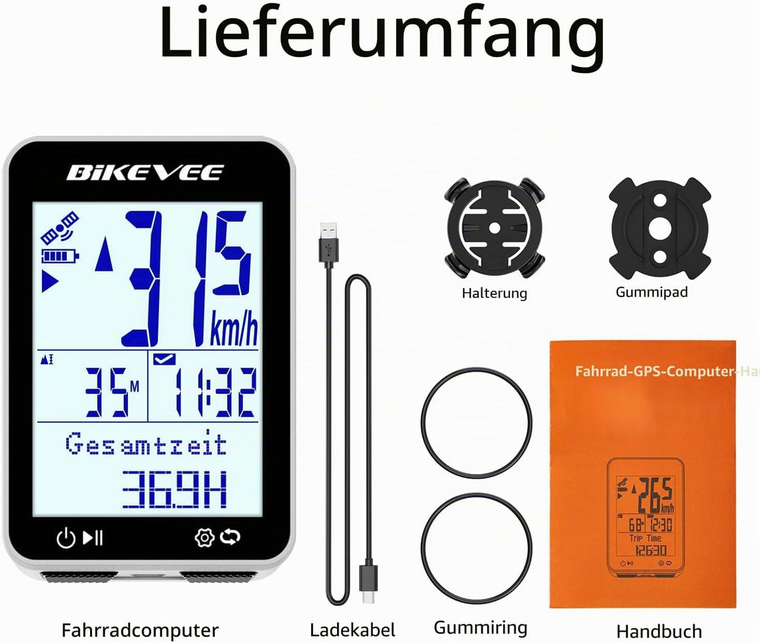 GPS Fahrradcomputer Kabellos IPX7 Wasserdicht 2.4'' FSTN Display 28H Akku Weiss-A【Standardhalterung】