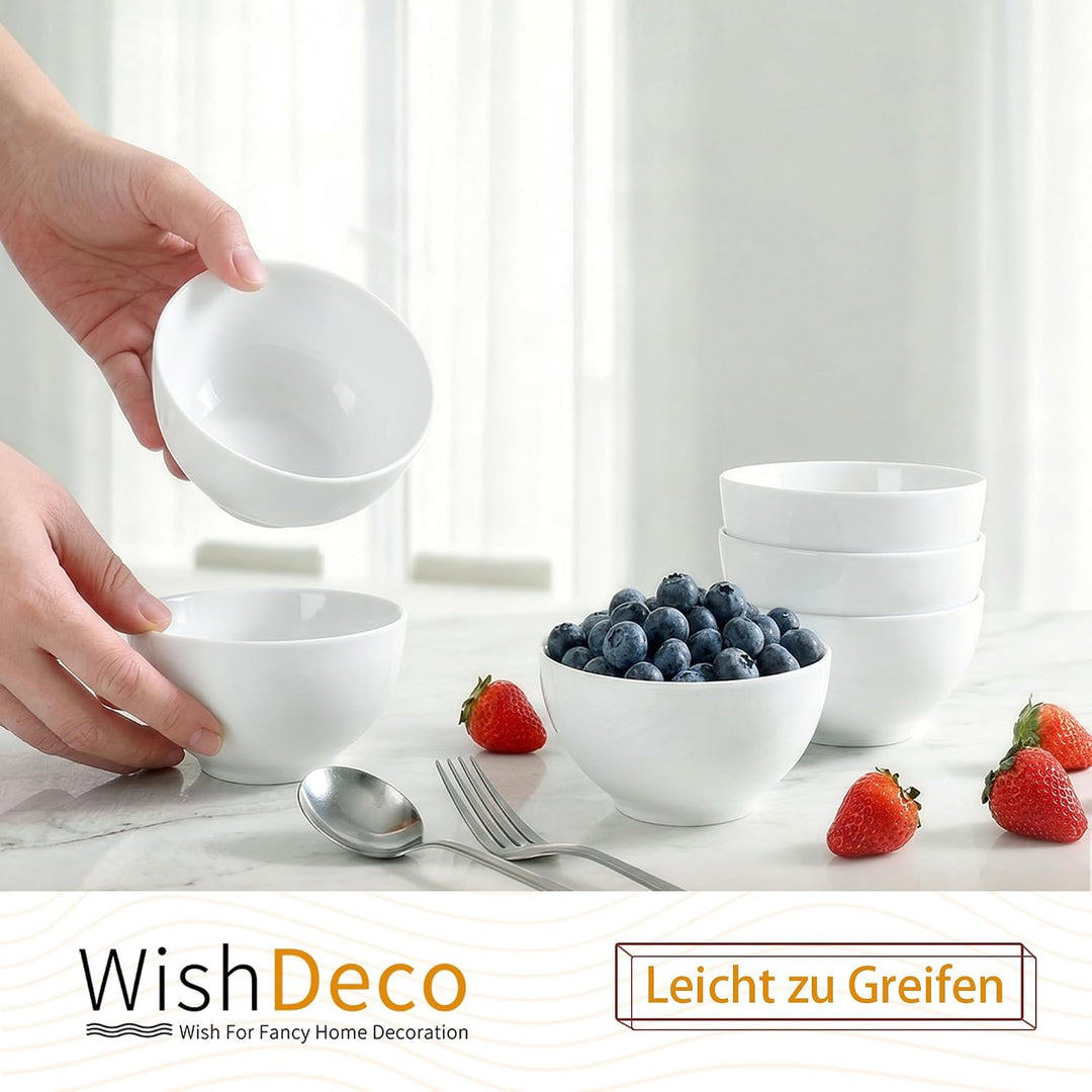 WishDeco Reisschalen 6er-Set, 300 ml Porzellan Schalen, Weisse Schalen für Suppe, Reis &amp; Dessert, Sp