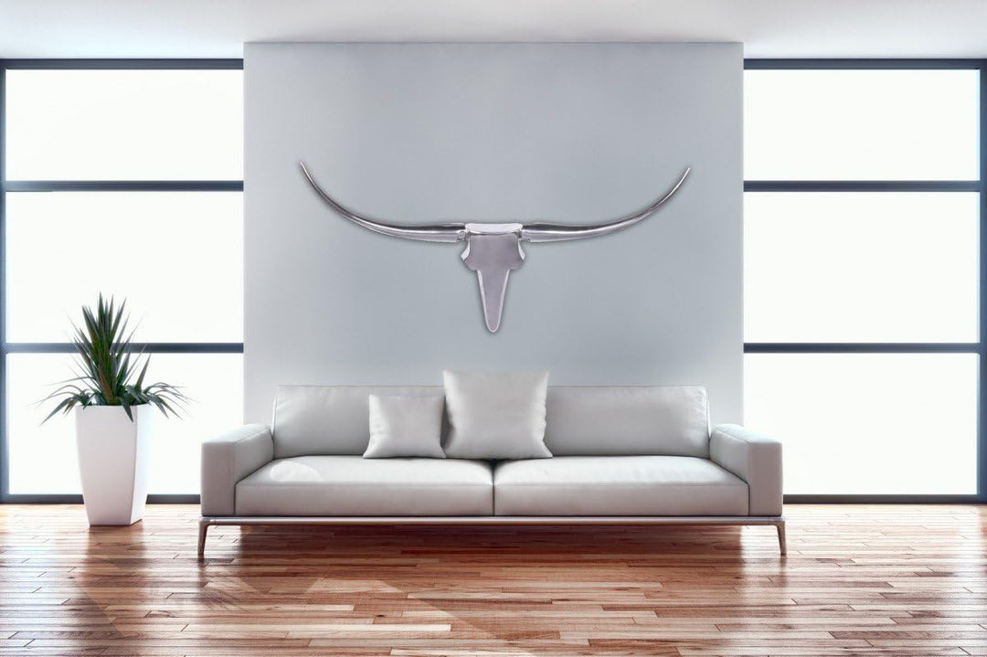 FineBuy Bull Geweih L Wanddekoration 125 cm Deer Alu Aluminium Farbe Silber Wandgestaltung Wandgewei