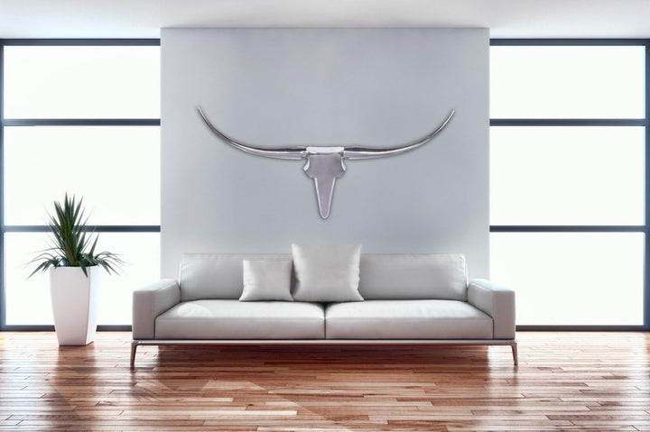 FineBuy Bull Geweih L Wanddekoration 125 cm Deer Alu Aluminium Farbe Silber Wandgestaltung Wandgewei