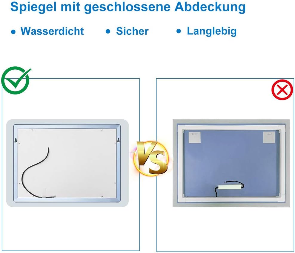 Aica Sanitär LED Badspiegel 120×70cm 3 Lichtfarbe 2700-6500K dimmbar Wandspiegel mit Uhr, Touch, Bes