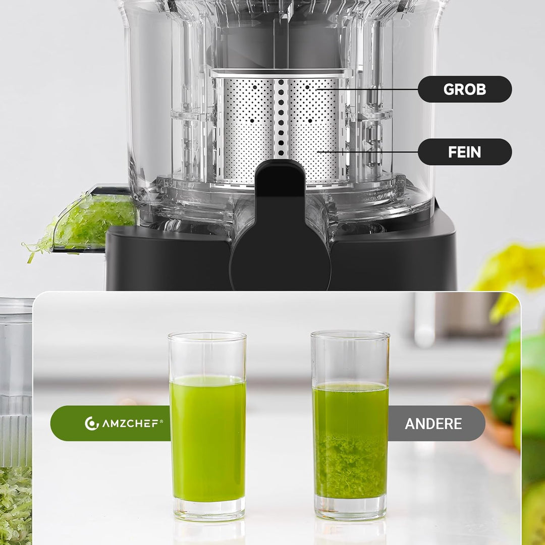 AMZCHEF Entsafter - Slow Juicer mit 113MM Breite und Grössere Fütterungsröhre für Ganze Gemüse und O