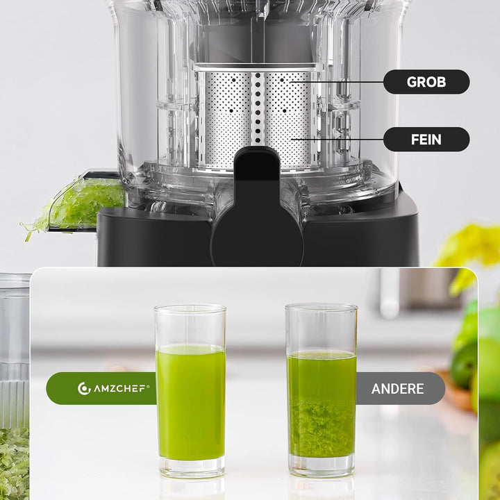 AMZCHEF Entsafter - Slow Juicer mit 113MM Breite und Grössere Fütterungsröhre für Ganze Gemüse und O
