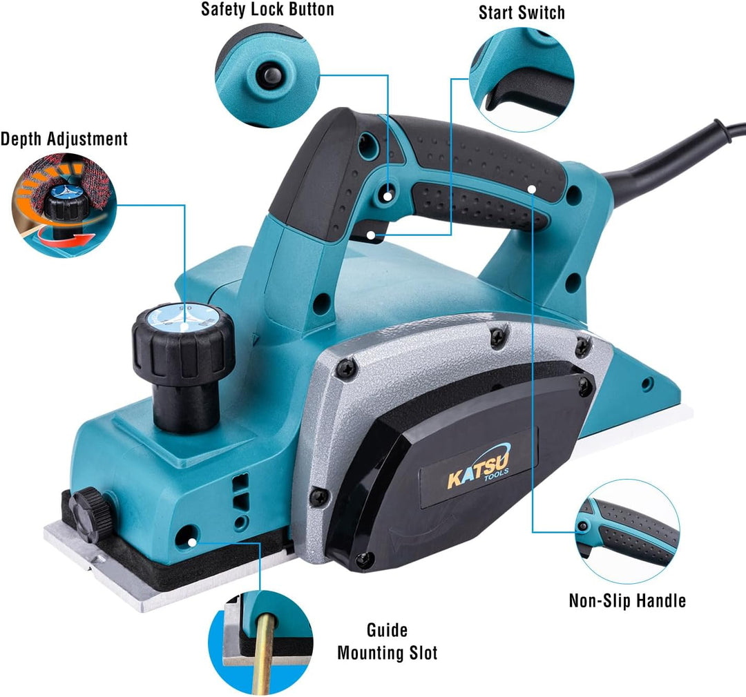 KATSU Tools Elektrohobel, 600 W, handgeführter, kabelgebundener Holzhobel, 82 mm Hobelbreite, 2 mm S