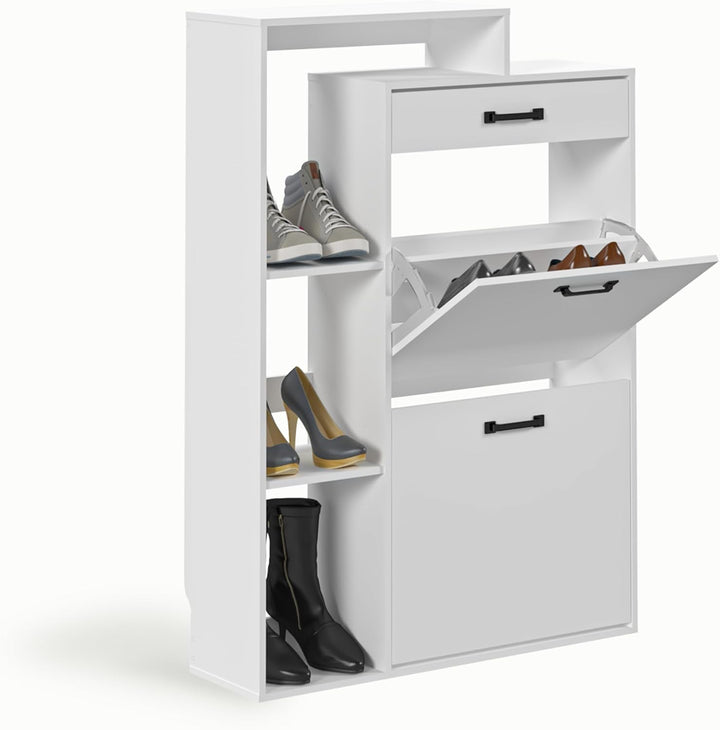 Schuhschrank schmal schwarz mit Schublade & Rattan-Dekor – eleganter Schuhkipper schwarz für Flur &