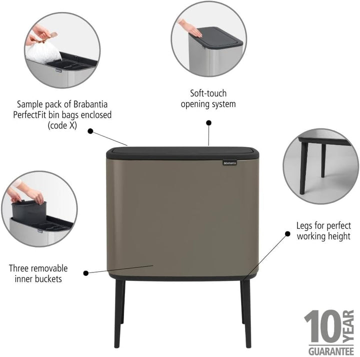 Brabantia 316043 Bo Touch Bin, 3 x 11 L Abfalleimer, Edelstahl, Platinum, 54 x 31.5 x 68 cm 3 Innene