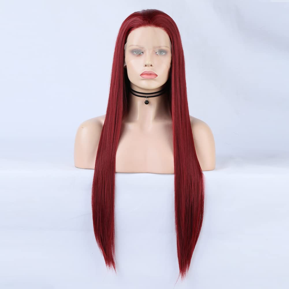 Rote Lace Front Perücken Lange Gerade Synthetische 150% Dichte mit Hitzebeständigem Haar 13x4 Lace B