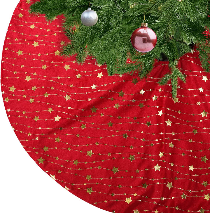 KONVINIT Weihnachtsbaumdecke Rund Rot Plüsch Christmasbaumdecke mit Sternen Weihnachtsbaum Rock aus