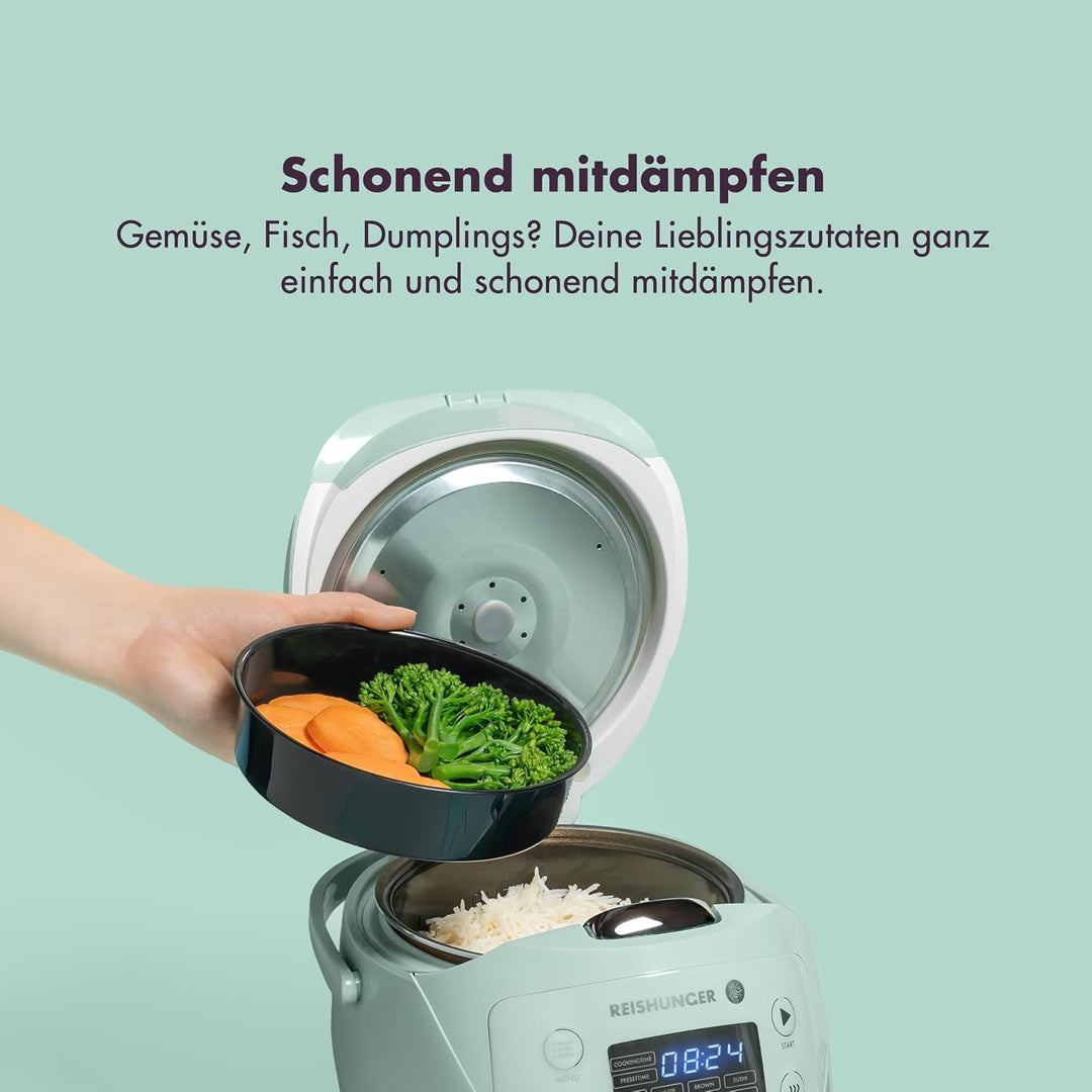 REISHUNGER Digitaler Reiskocher klein, bordeaux | 0,6 L bis 3 Personen | Warmhaltefunktion, Timer &amp;