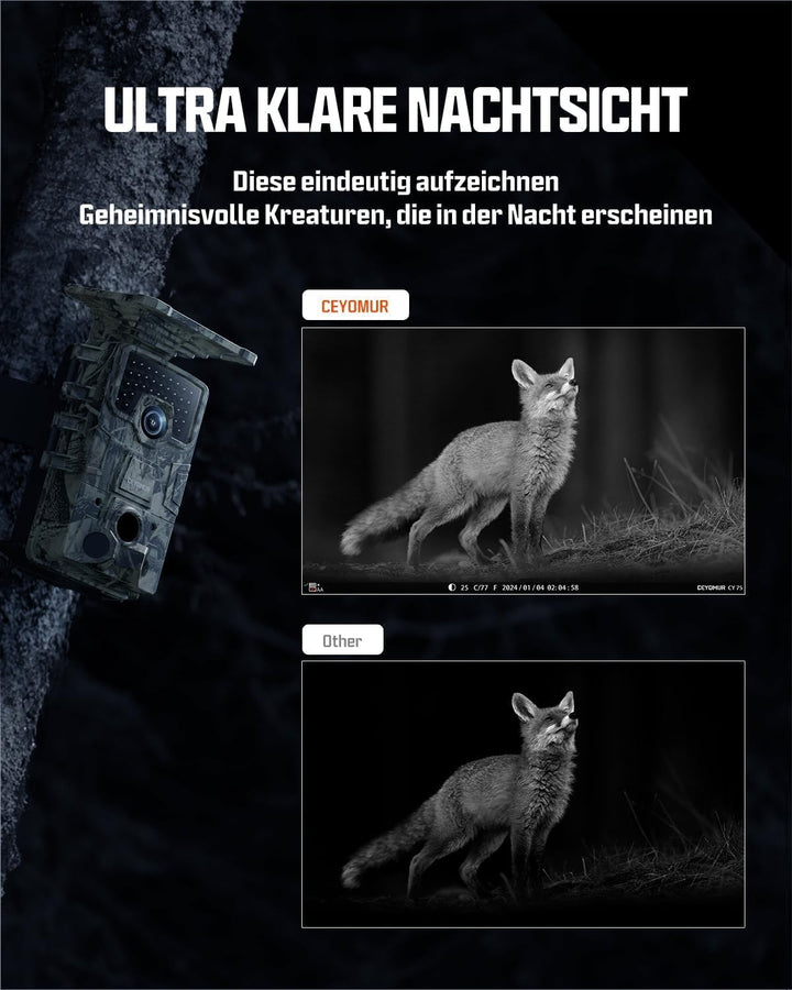 CEYOMUR Solar Wildkamera 4K 30fps, 46MP Wildkamera WLAN Bluetooth, 120° Erfassungs Winkel Bewegungsm
