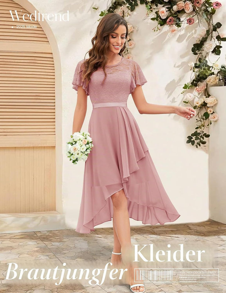 Wedtrend Abendkleid Damen Elegant Cocktailkleid High Low Ballkleider mit Spitzen A Linie für Hochzei