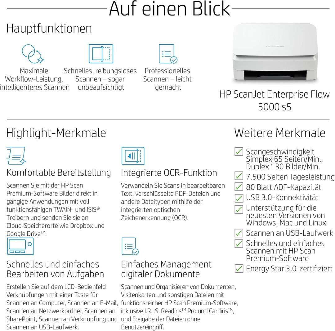 HP ScanJet Enterprise Flow 5000 s5, Scanner, Einzelblattzufuhr, 80-Blatt ADF, USB, bis zu 7.500 Seit