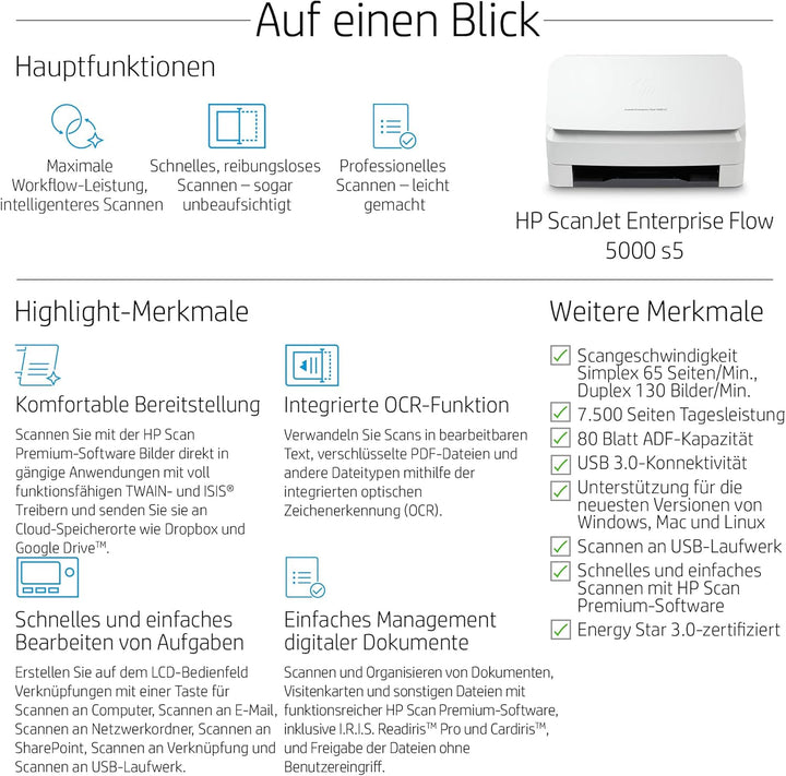 HP ScanJet Enterprise Flow 5000 s5, Scanner, Einzelblattzufuhr, 80-Blatt ADF, USB, bis zu 7.500 Seit