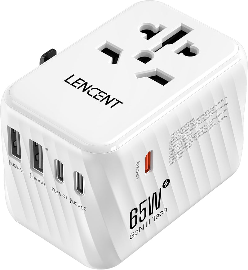 LENCENT Internationaler Reiseadapter, 65W GaN3 Universeller Adapter mit 2 USB A+3 Typ C PD, Weltweit