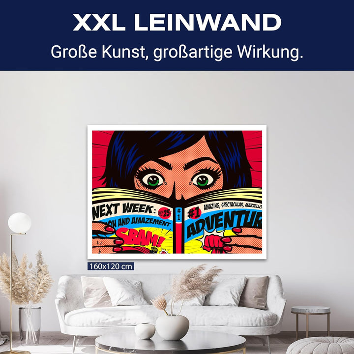 wandmotiv24 Leinwandbild Pop Art Stil, 80x60cm, Querformat, Frau, Comic, Deko, Bilder auf Leinwand,