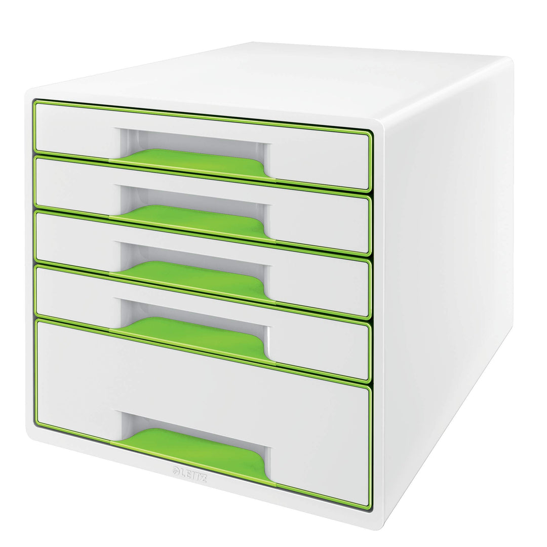 Leitz CUBE Schubladenbox mit 5 Schubladen, Weiss/Grün, A4, Inkl. transparentem Schubladeneinsatz, WO