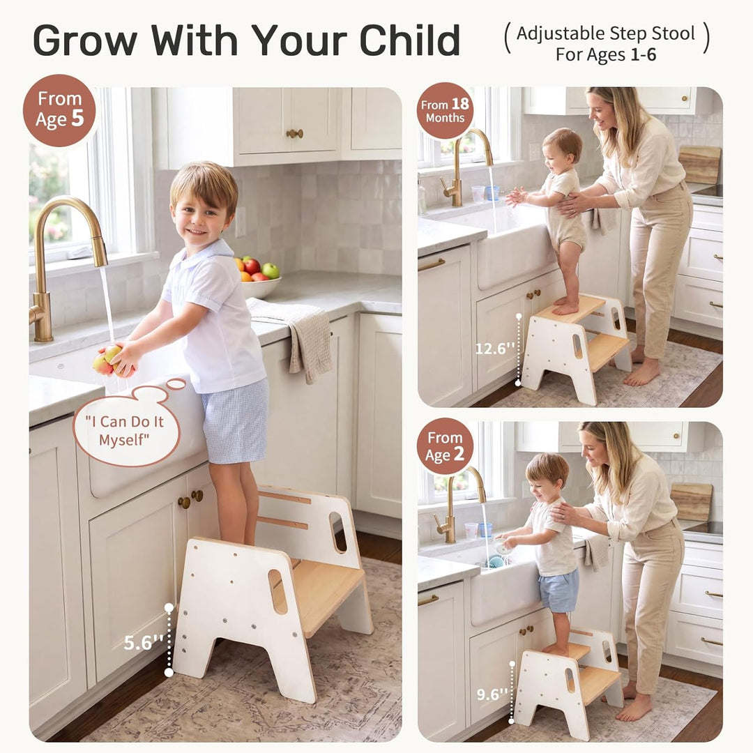 WINGYZ Tritthocker Kinder 2 Stufen aus Holz Zweistufiger Hocker mit 3 verstellbaren Höhen, 2 Griffen