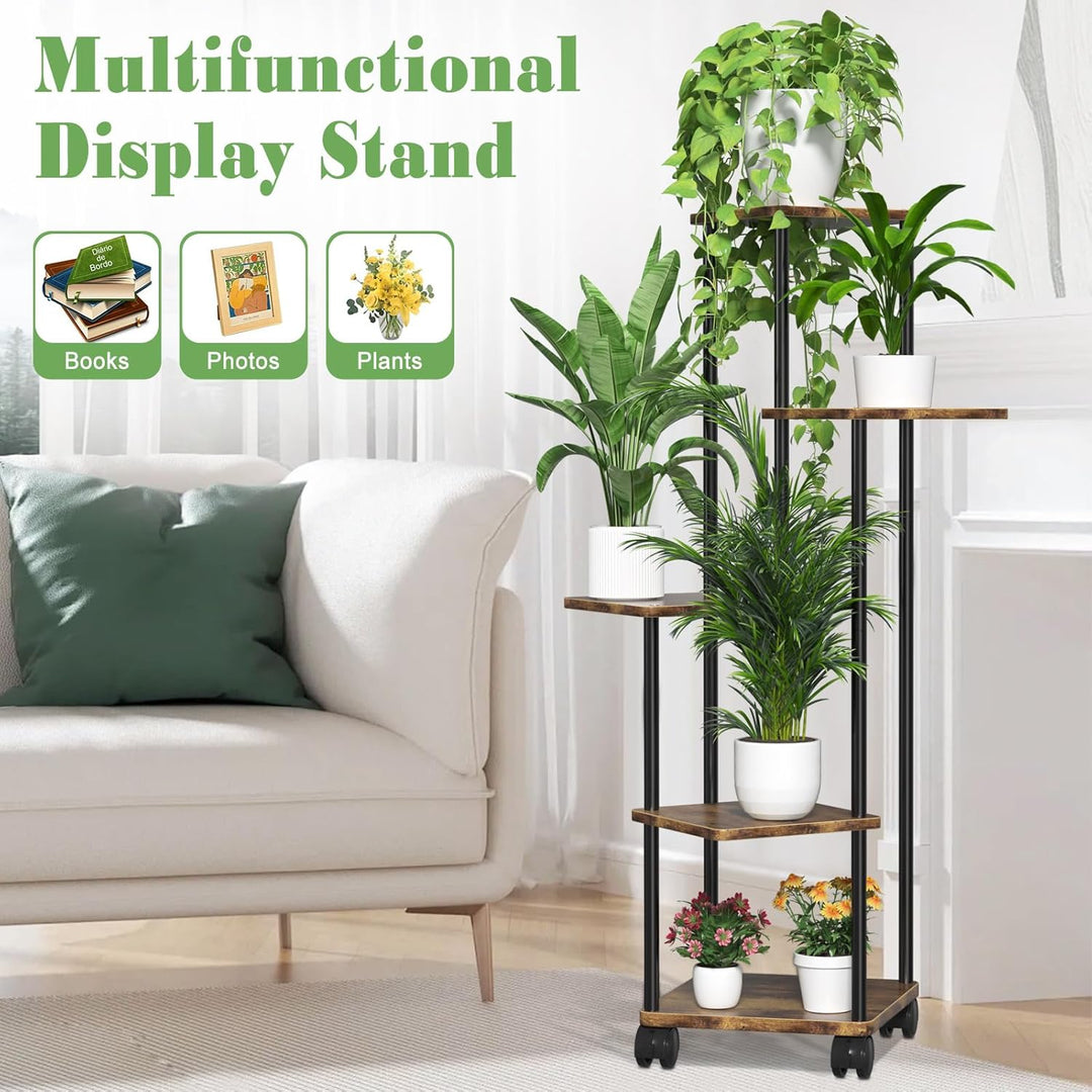 Blumenständer Pflanzenständer 5 Tier Holz, Pflanzenregal Mit Abnehmbaren Rollen, Modernes Blumenrega