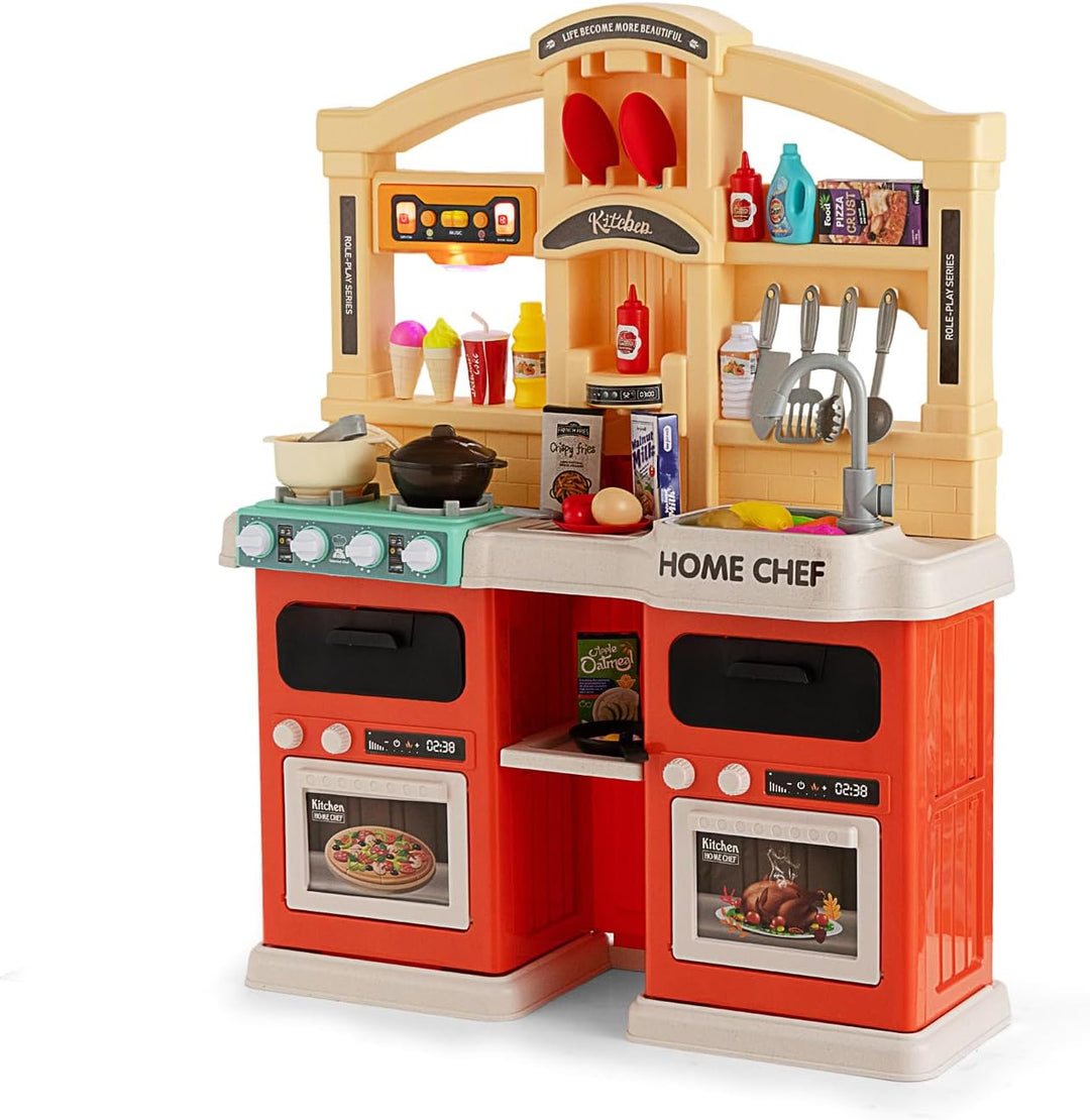 DREAMADE Kinderküche mit 42 TLG. Zubehör, Kinderspielküche mit Licht und Sound, Dampf, Wasser, Spüle