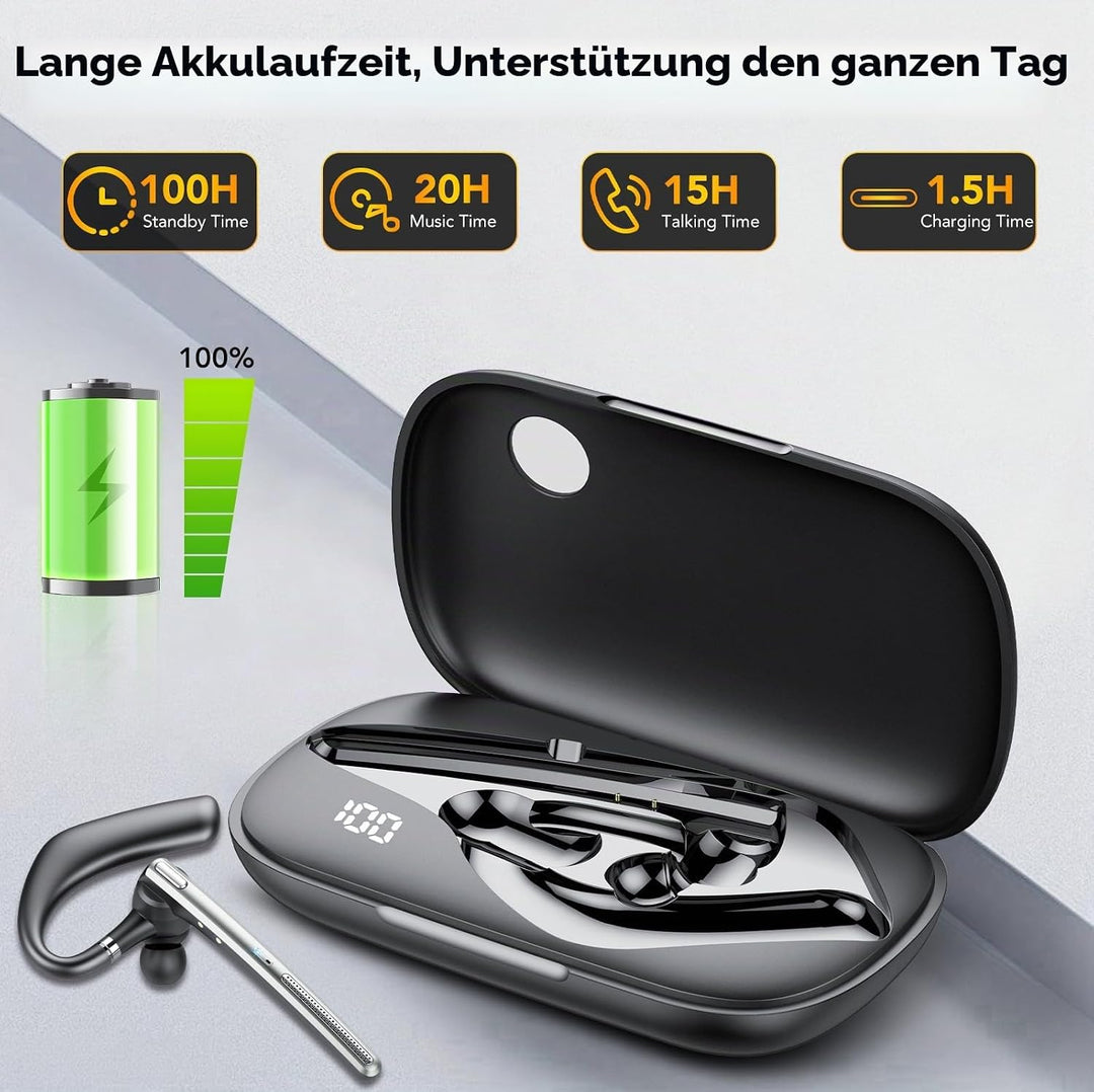 Bluetooth Headset V5.4, 100 Std Freisprecheinrichtung Wireless Headset mit LED-Ladebox, ENC Dual Ger
