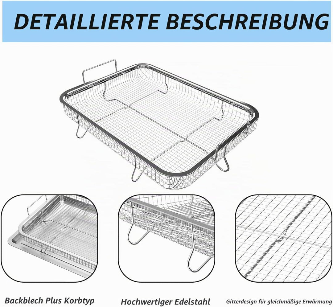 Bhina BBQ Grillkorb, Edelstahl Grillkorb mit Griff und Unterschale, Backform Set Korb, Crisper Korb,