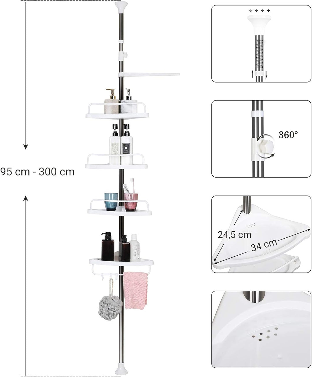 SONGMICS Duschregal höhenverstellbar, Eckregal fürs Badezimmer, Badregal, 95-300 cm, Boden bis Decke