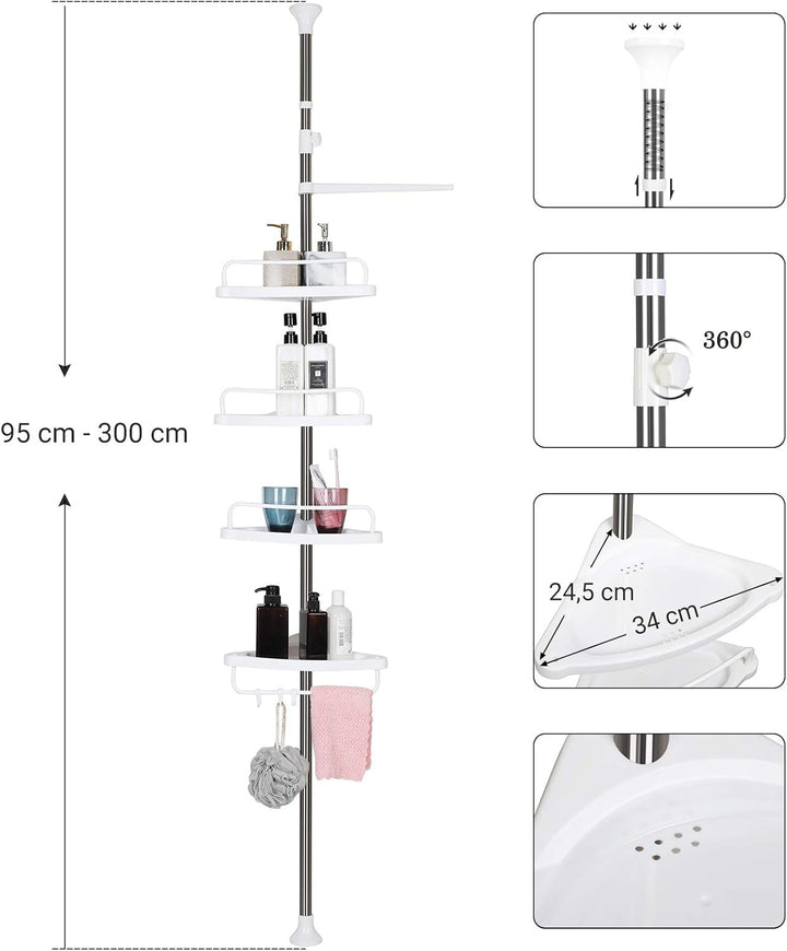 SONGMICS Duschregal höhenverstellbar, Eckregal fürs Badezimmer, Badregal, 95-300 cm, Boden bis Decke