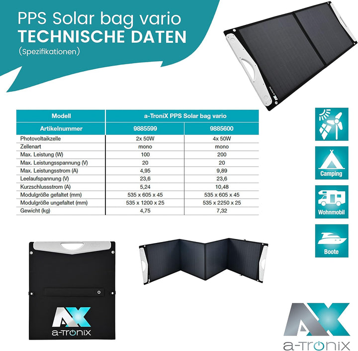 a-TroniX PPS Solar 0% MwSt §12 III UstG Bag Vario 200W, faltbares Solarpanel, USB Anschluss, Outdoor