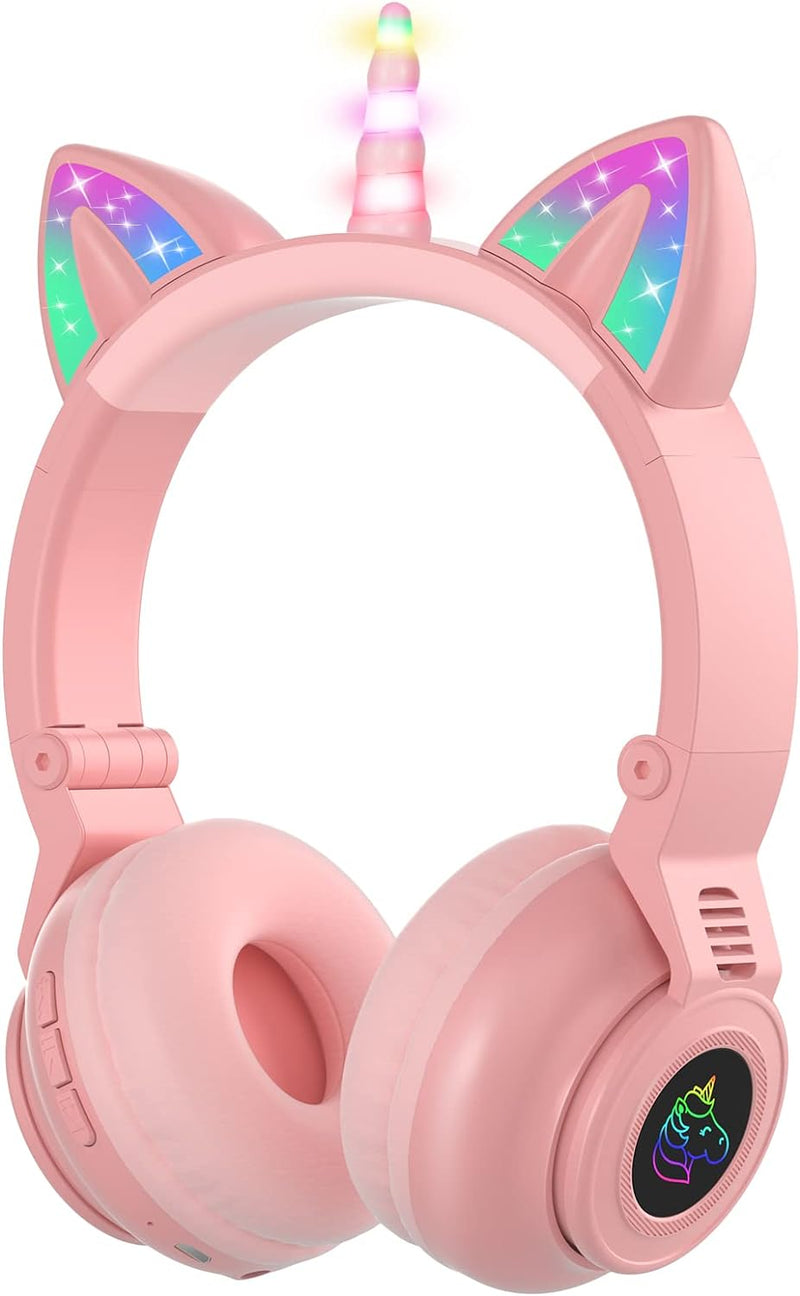 JYPS Einhorn Bluetooth-Kopfhörer, kabellose/kabelgebundene Kinder kopfhörer Mädchen mit LED-licht, K