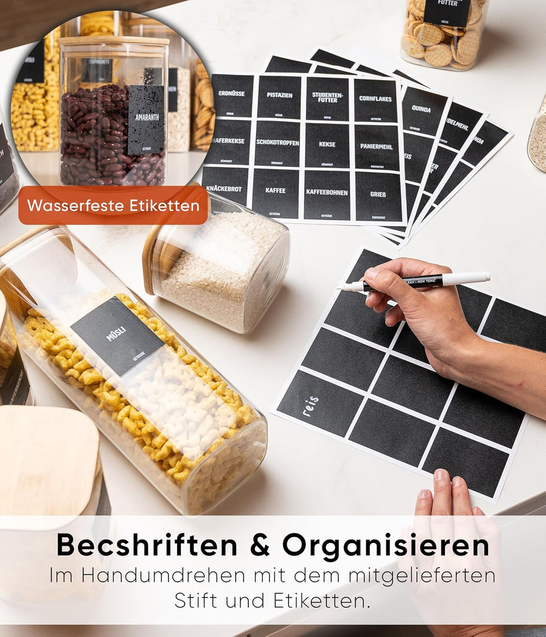 Deco haus® Vorratsgläser mit Deckel luftdicht + Etiketten [6er KOMBI SET] - Für Müsli, Cornflakes, M