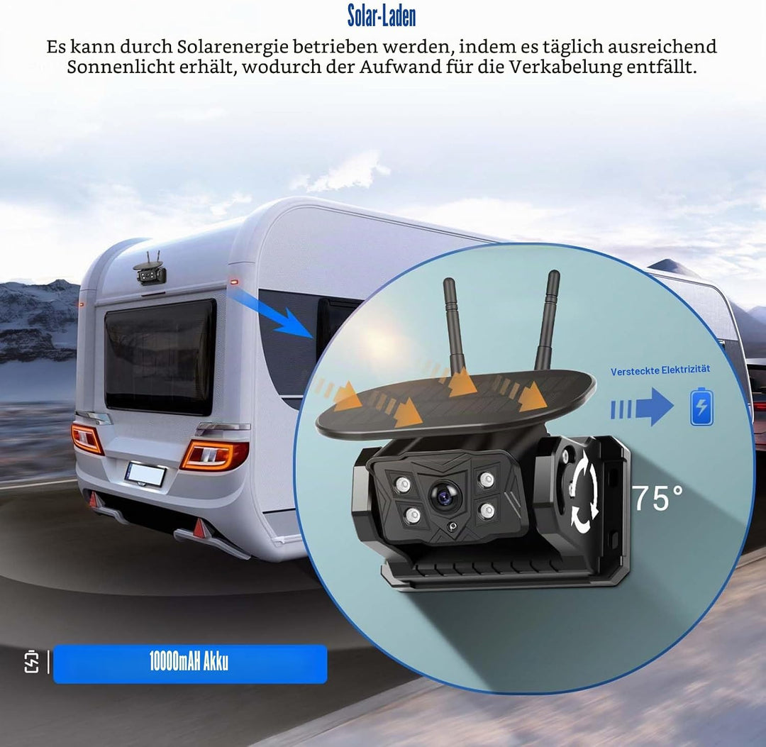 CAMECHO [Solar] Rückfahrkamera Kabellos mit 10.1 Zoll Monitor Touchscreen, 10000 mAh Magnetische 720