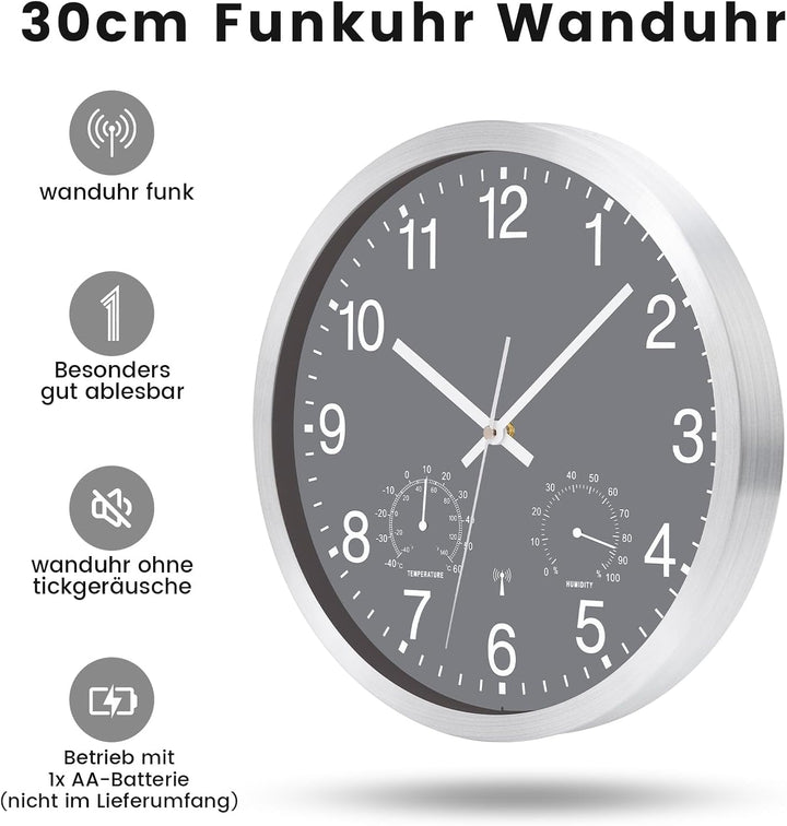 Wanduhr Funk Uhr mit Temperaturanzeige und Feuchtigkeitsmesser Funkuhr Wanduhr Lautlos Wand Ohne Tic