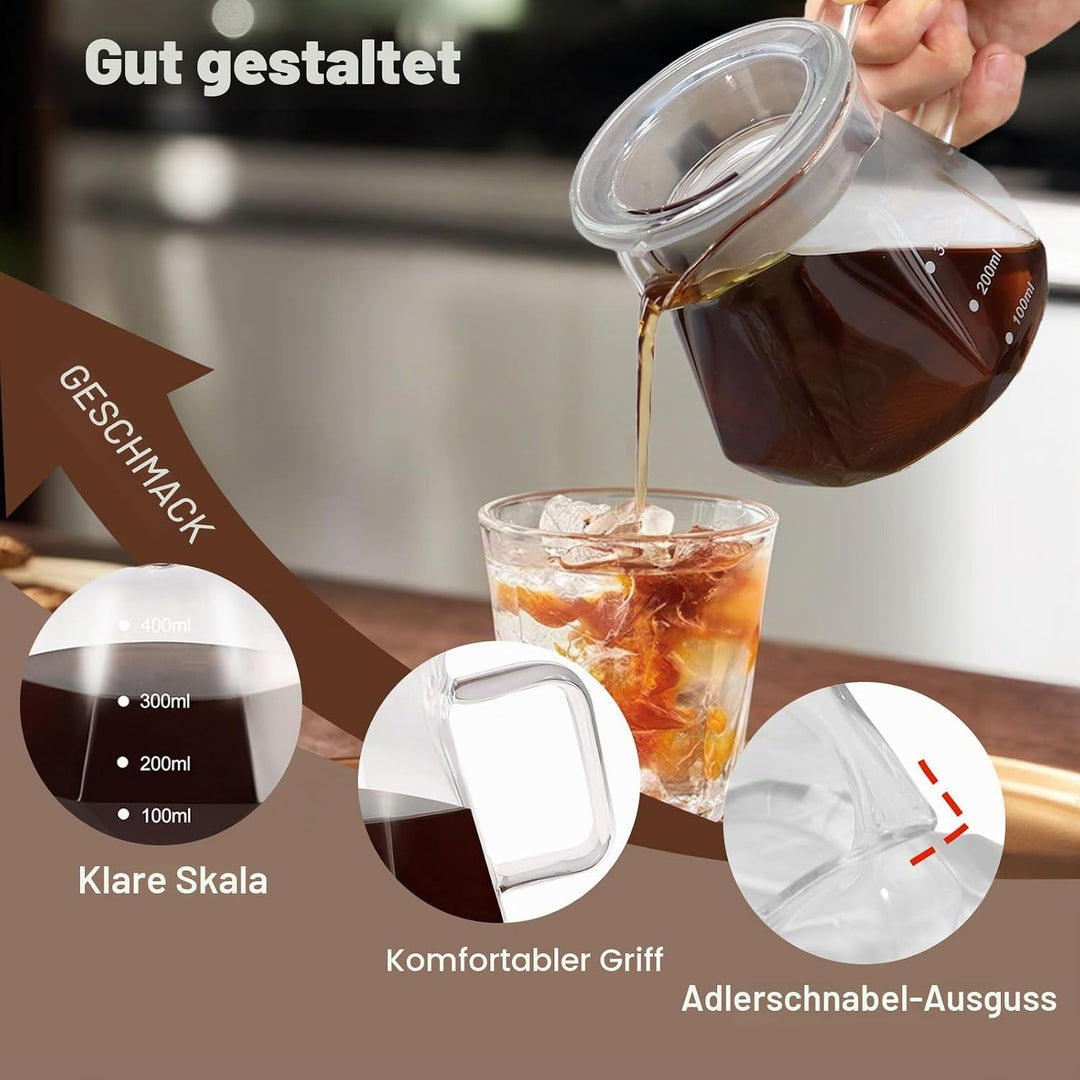 Tropfkaffeebrüher, 400 ml (13,5 oz), tragbarer Glaskaffeebrüher aus hochwertigem Borosilikatglas, Au