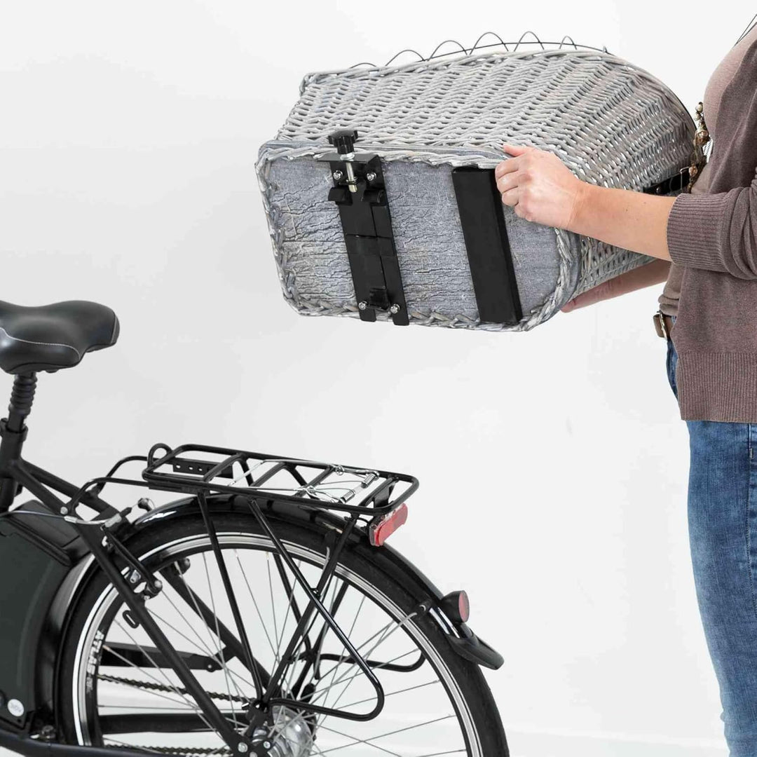 Fahrradkorb m. Gitter f. Gepäckträger, Weide/Metall, 35 × 49 × 55 cm, grau, grau